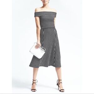 NWT Banana Republic Navy & White Striped Off Shoulder Midi Dress Size 10